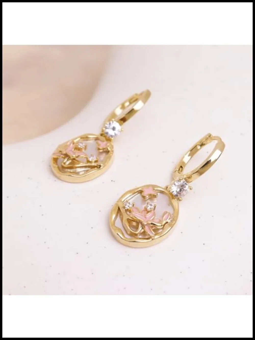 Gold Hoop Dangle Earrings with Mother of Pearl Lotus Flower CZ Rhinestone Drop